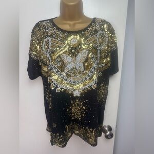Bali Chic Black & Gold Y2K Vintage? Heavily Sequin Beaded Butterfly Top‎ NWT O/S